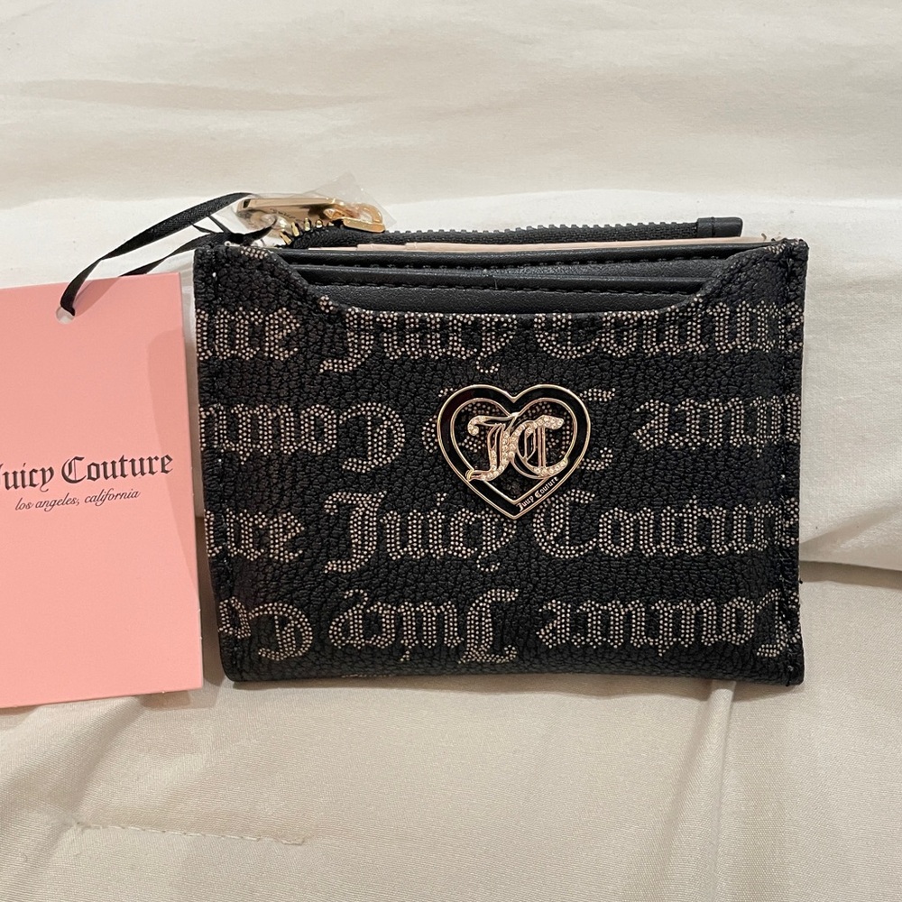 NEW‎ Juicy Couture Black Gothic Logo Bifold Wallet Card Case Set Gold Heart Logo